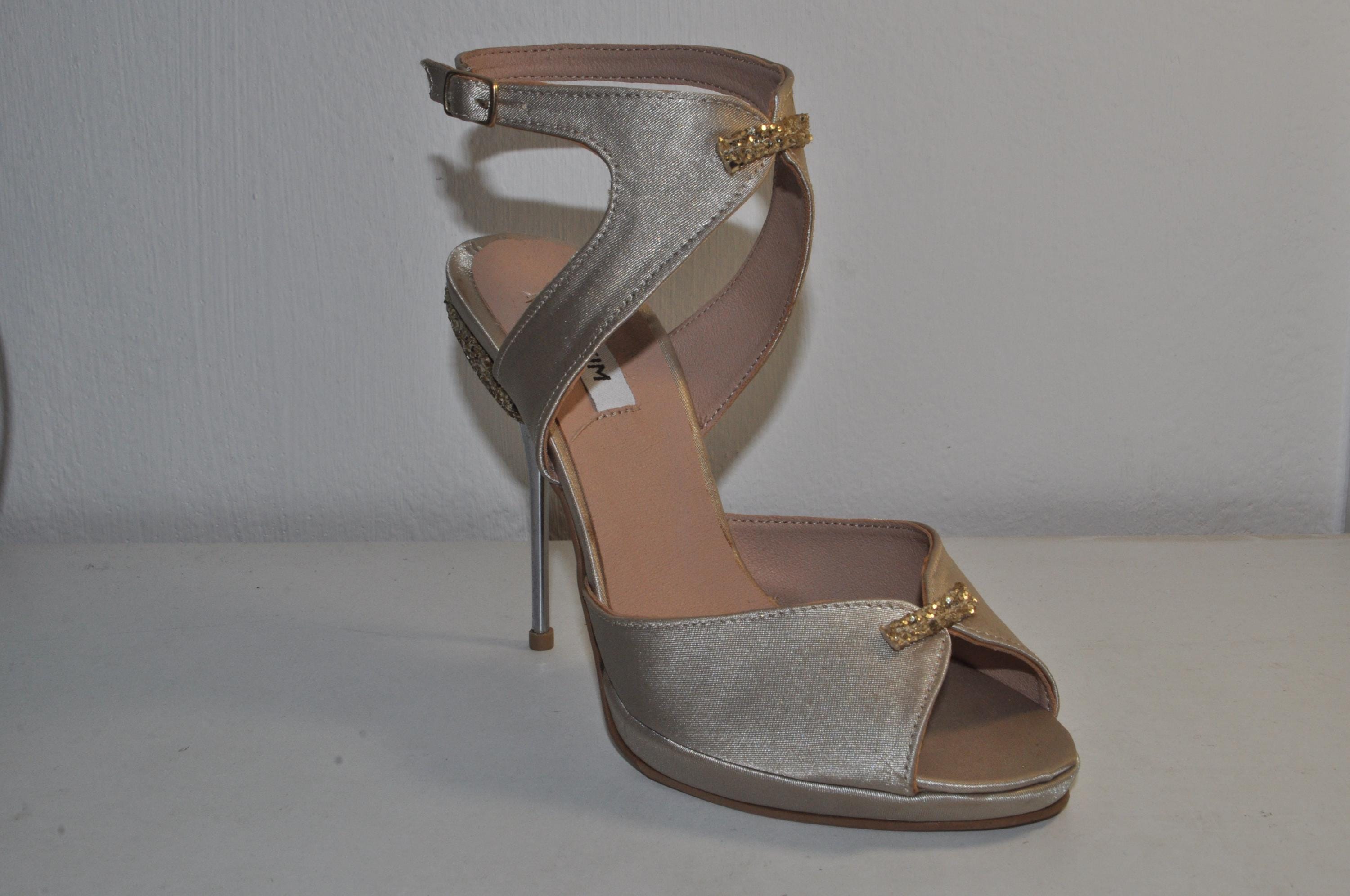 “Women’s Handmade Gold Satin Leather High Heel Sandals – Stylish Evening Shoes”