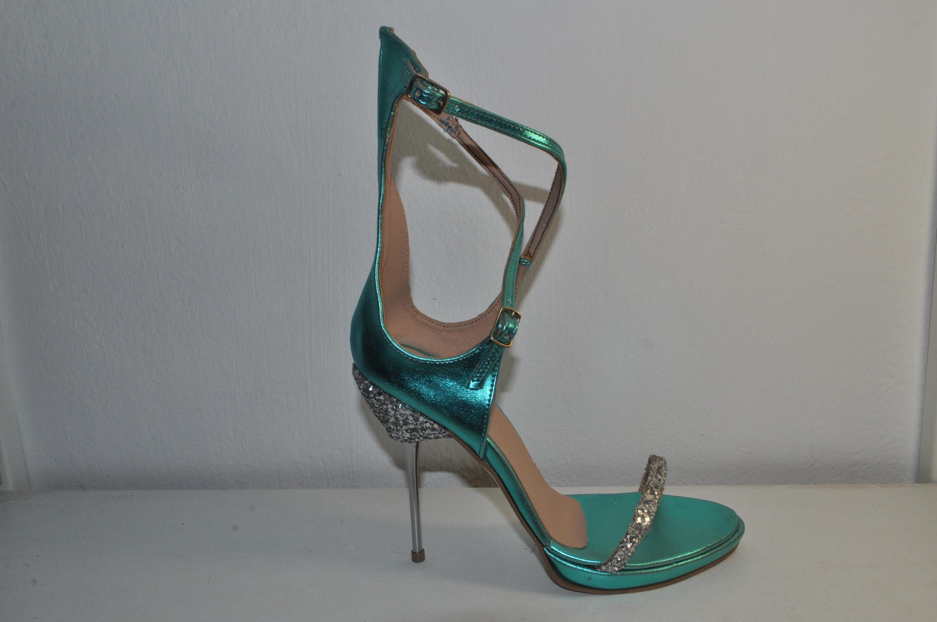 “Women’s Teal Handmade Leather High Heel Sandals – Stylish Evening Shoes”