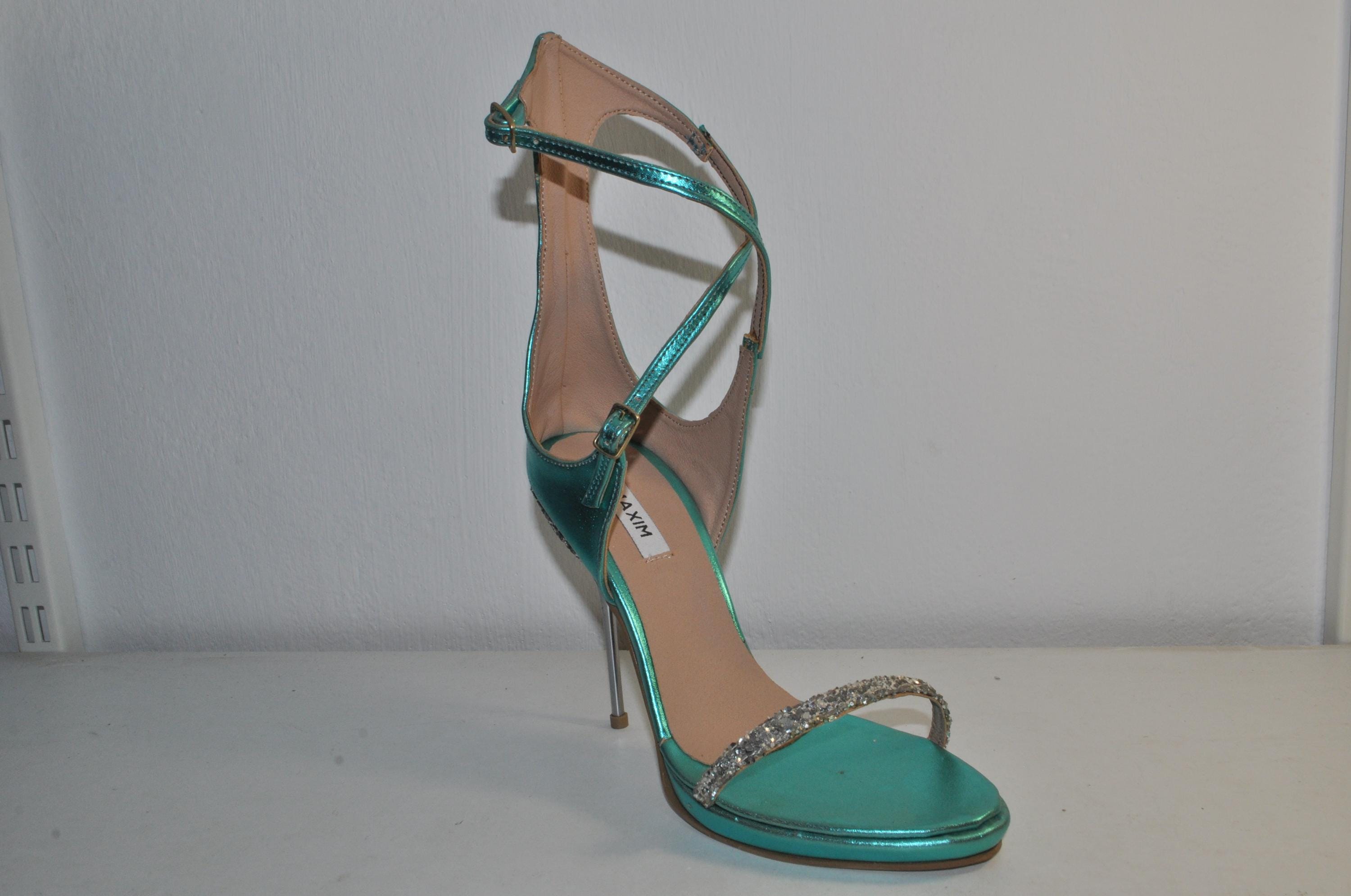 “Women’s Teal Handmade Leather High Heel Sandals – Stylish Evening Shoes”