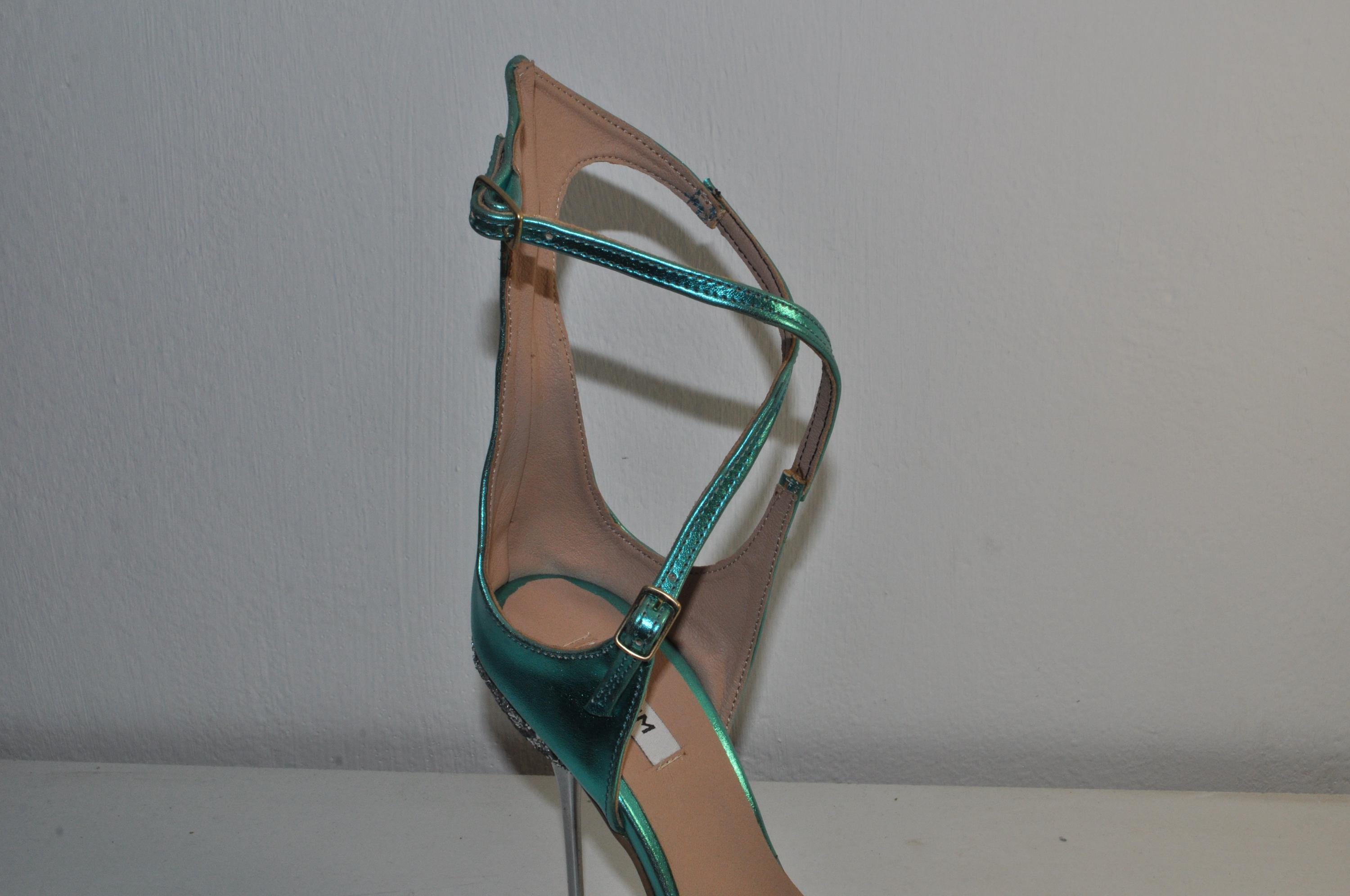 “Women’s Teal Handmade Leather High Heel Sandals – Stylish Evening Shoes”