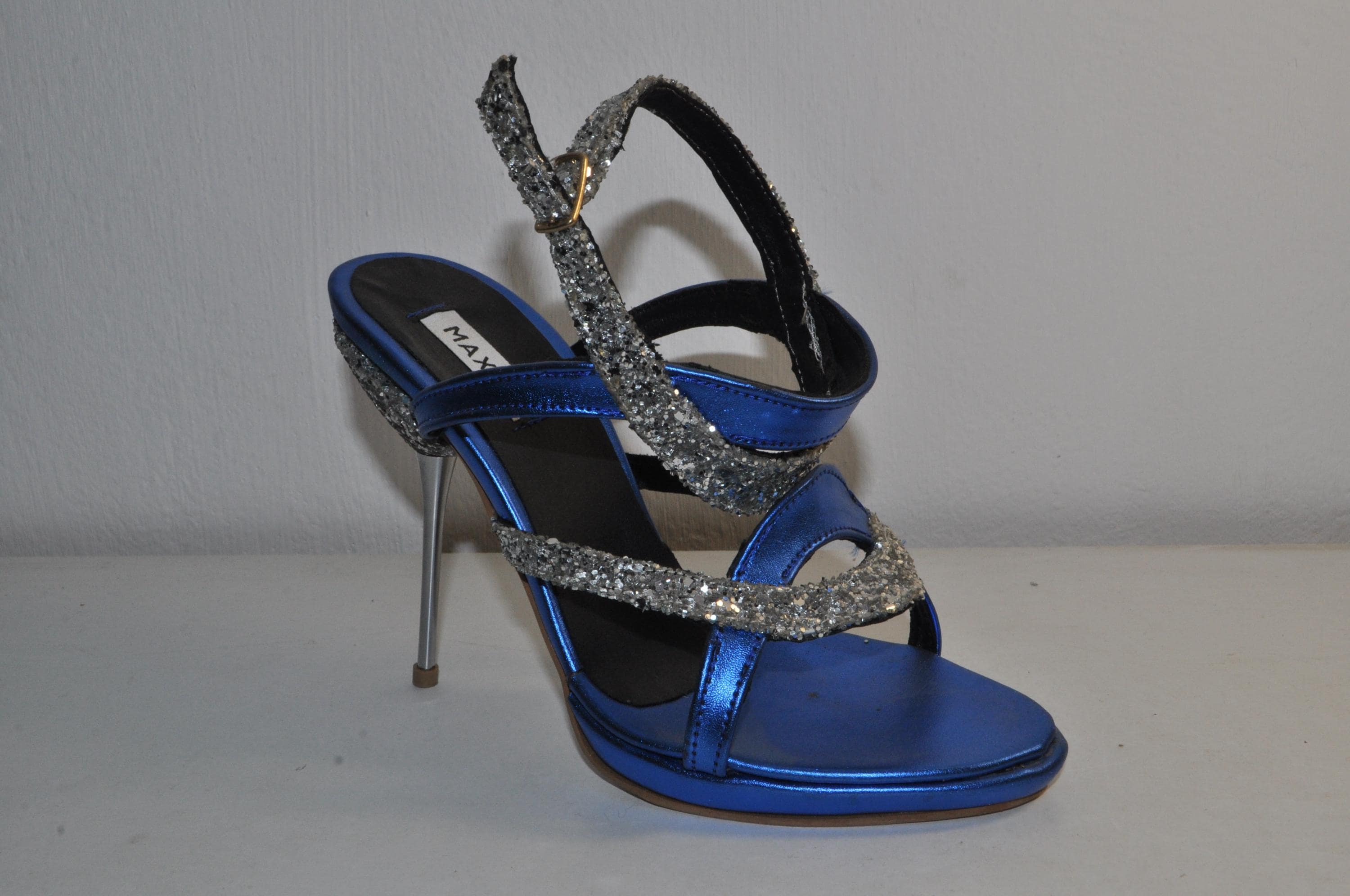 Gabriella Blue High Heel Sandals – Chunky Heel, Metallic Glitter Evening Shoes
