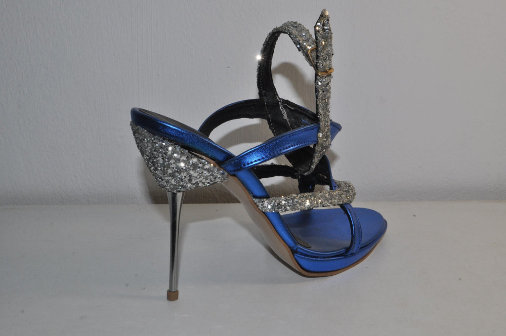 Gabriella Blue High Heel Sandals – Chunky Heel, Metallic Glitter Evening Shoes