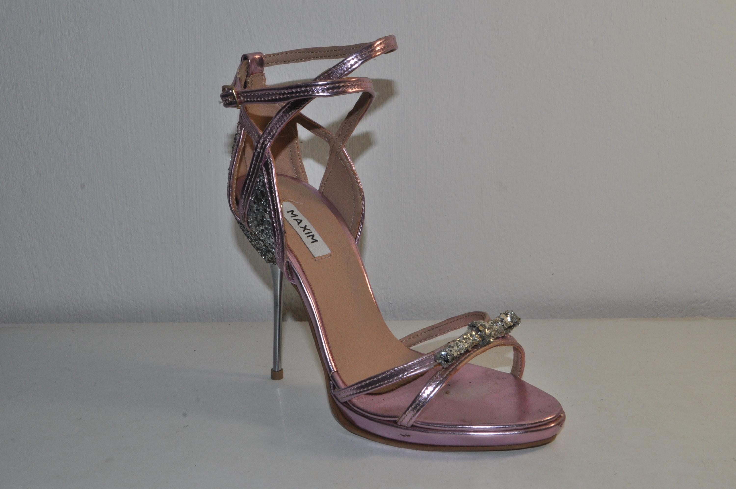 “Designer Women’s Pink Handmade Glitter High Heel Sandals – Sophisticated Evening Heels”