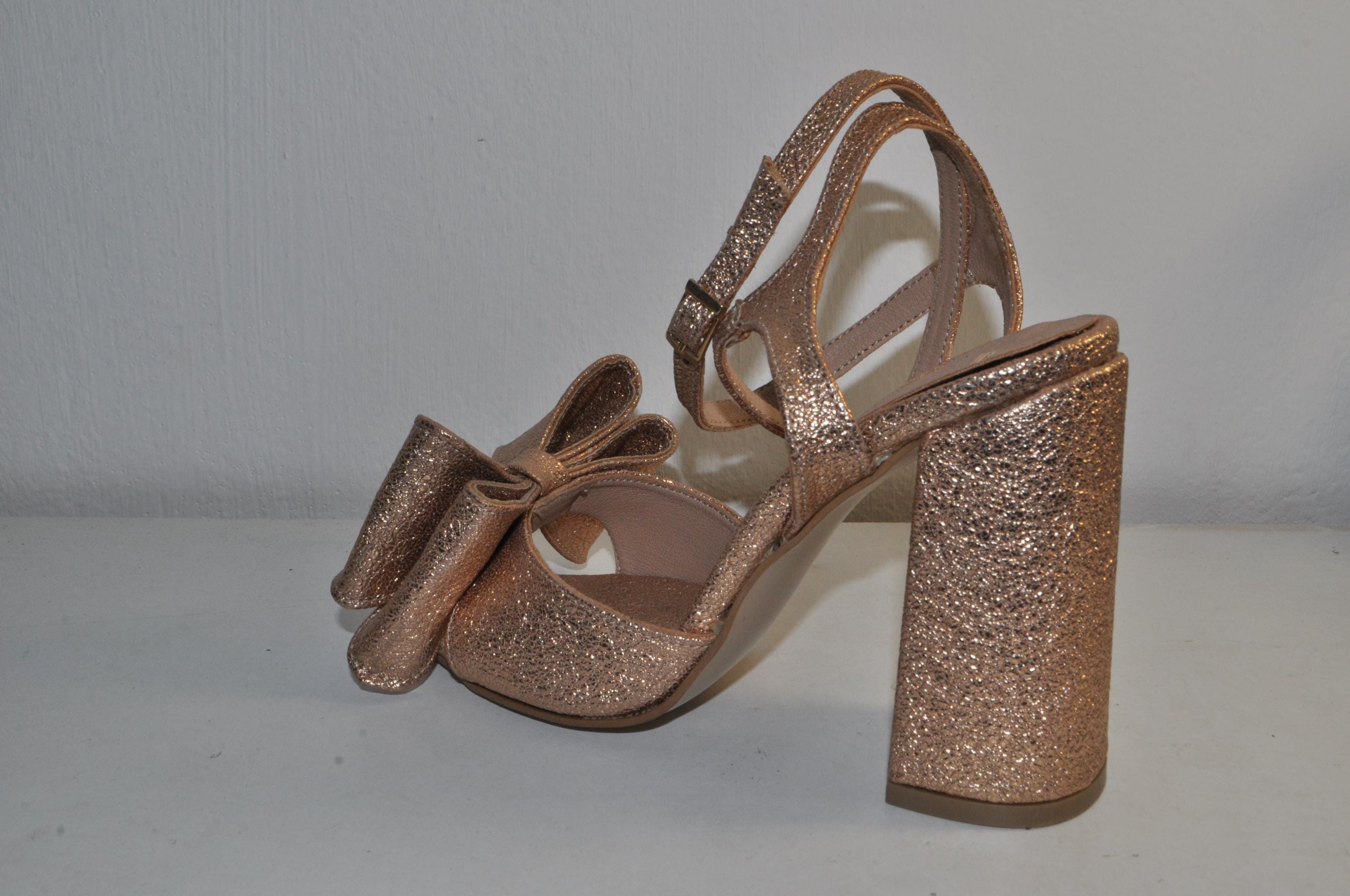 “Designer Women’s Handmade Gold Leather Chunky Heel Sandals with Bow – Stylish Prom Heels”