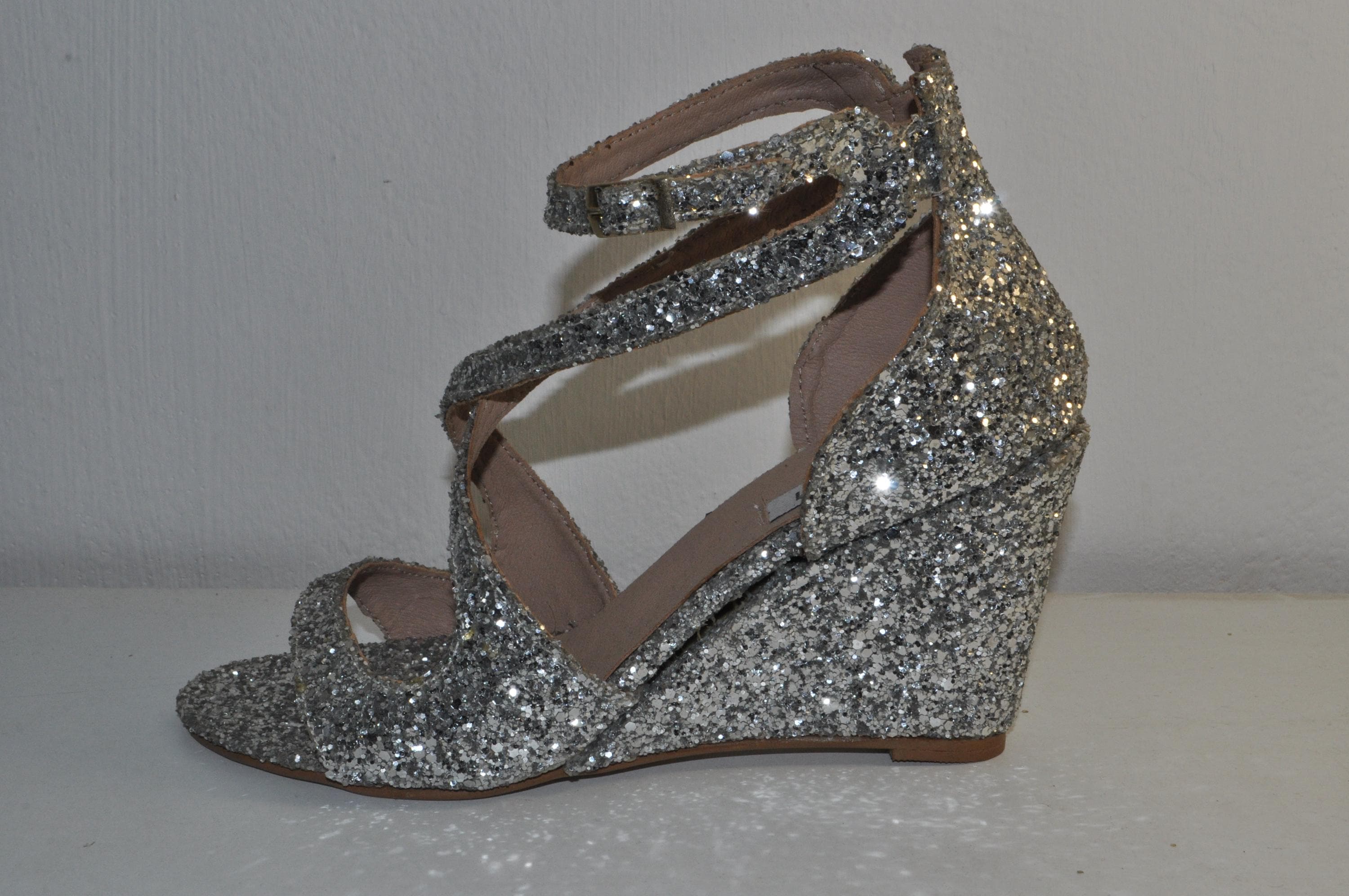 Bridal Silver Glitter Wedge Sandals – Handmade Wedding Heels