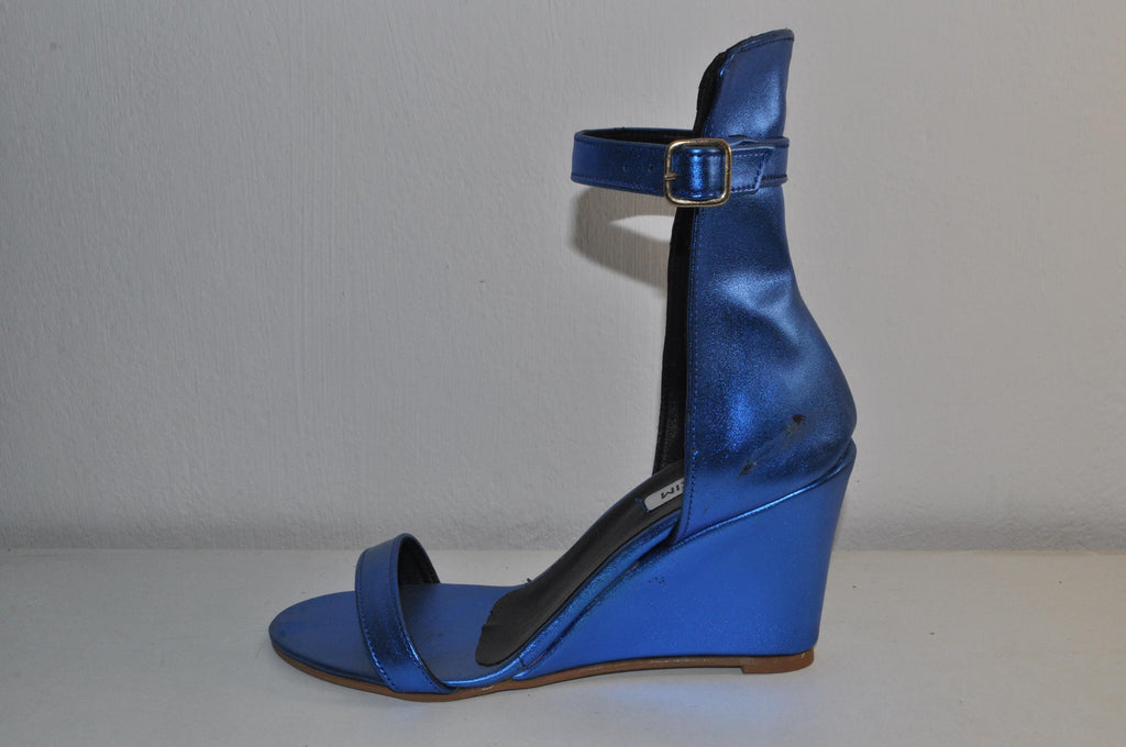 Blue Wedge Heel Sandals: Handmade Leather Evening Shoes