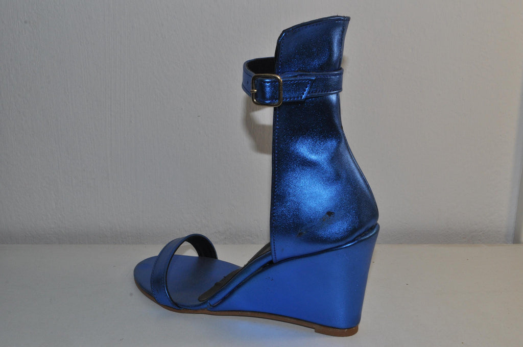 Blue Wedge Heel Sandals: Handmade Leather Evening Shoes