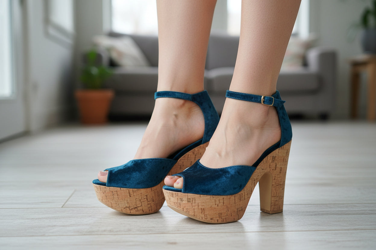 “Designer Women’s Blue Velvet Platform Sandals – Stylish Evening Heels”