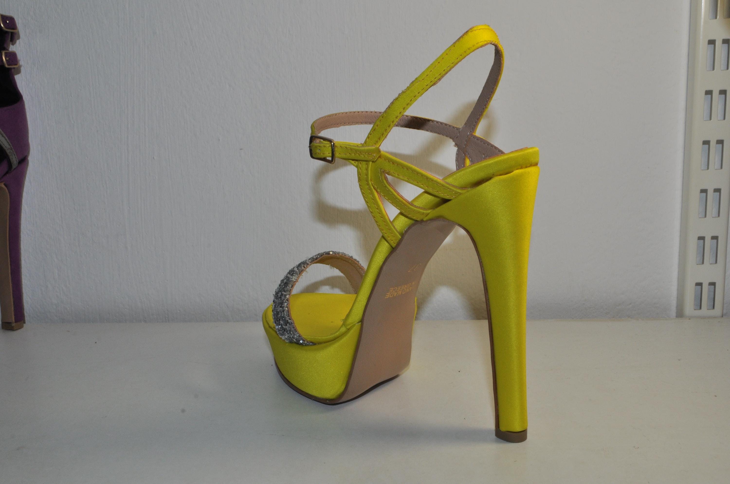 Chic Yellow Satin Handmade Heels: Silver Glitter Statement Sandals