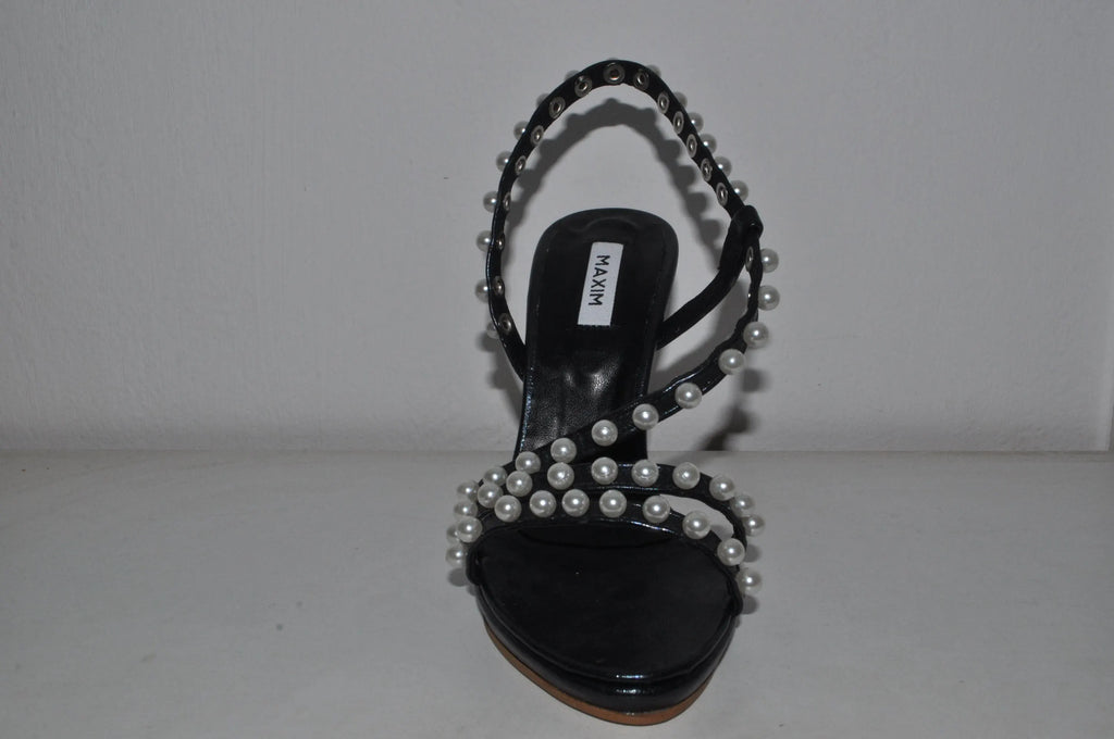 “Designer Women’s Pure Pearls Black High Heel Sandals – Sophisticated Evening Heels”