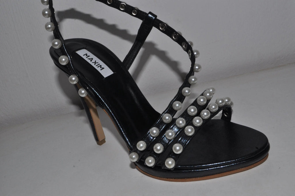 “Designer Women’s Pure Pearls Black High Heel Sandals – Sophisticated Evening Heels”
