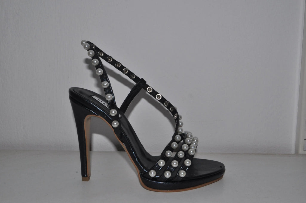 “Designer Women’s Pure Pearls Black High Heel Sandals – Sophisticated Evening Heels”